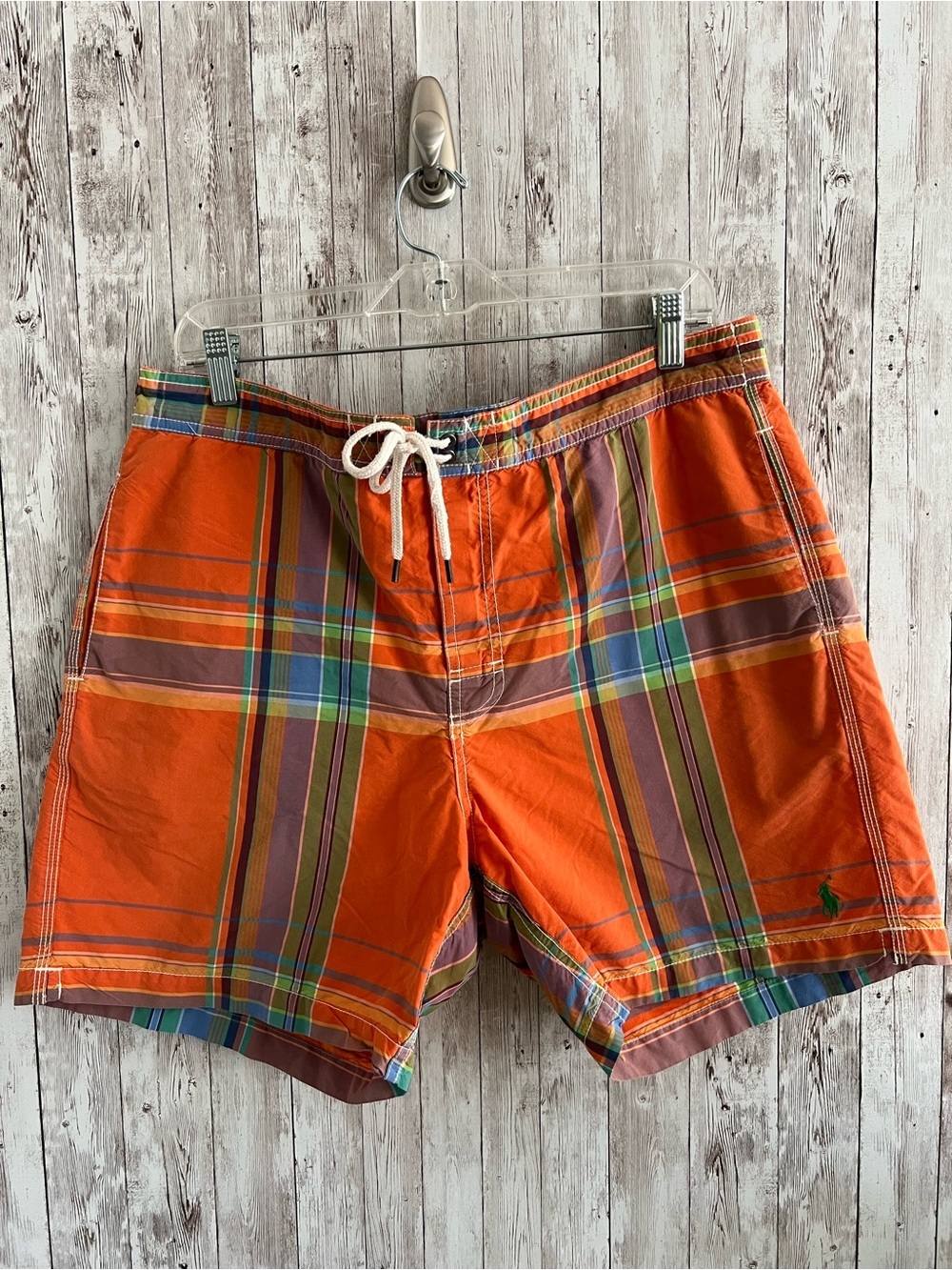 Polo by Ralph Lauren Orange Plaid Swim Shorts with Multicolor Stripes Large